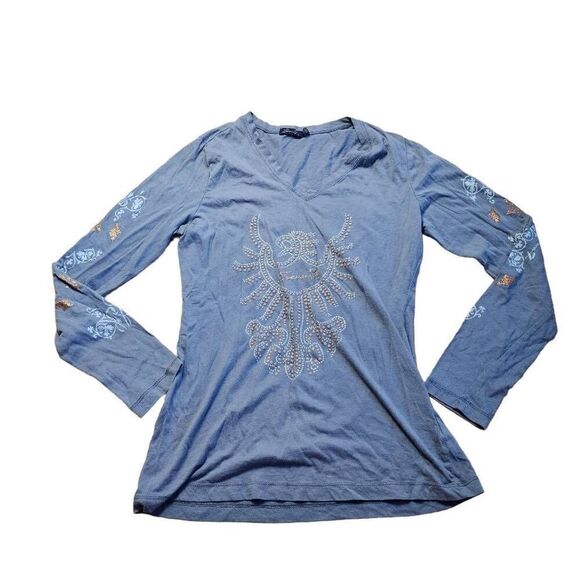 Seven7 womens Sz S gray silver vintage style print top - Picture 1 of 7